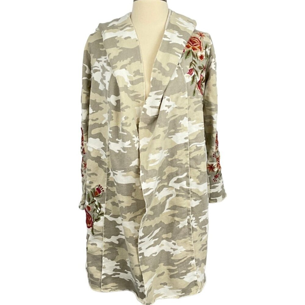 Athleta Caite Size XS Hooded Duster Beige Gray Camo Floral Embroidery Open Front